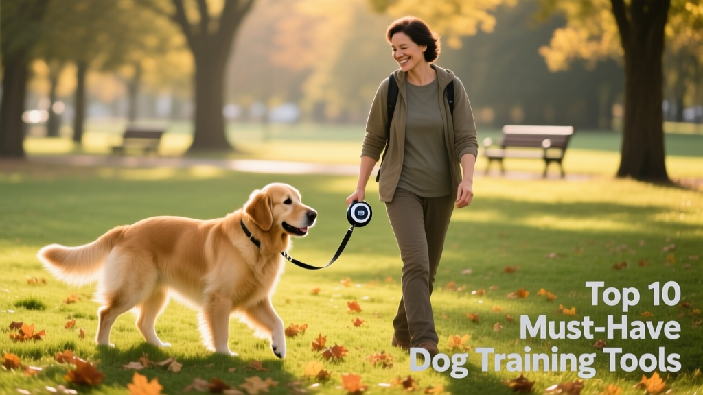 A calm, well-behaved dog walking beside its owner on a retractable leash in a quiet park setting