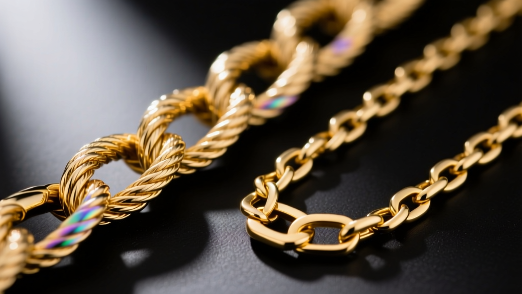 Macro shot of a PVD gold-plated steel rope chain beside a solid 14-karat gold Figaro chain resting on a dark matte black surface