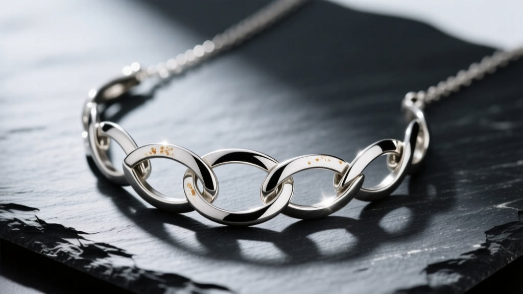 Silver unity necklace on dark slate, showing overlapping interlocking rings and subtle tarnish trapped in hidden metal crevices