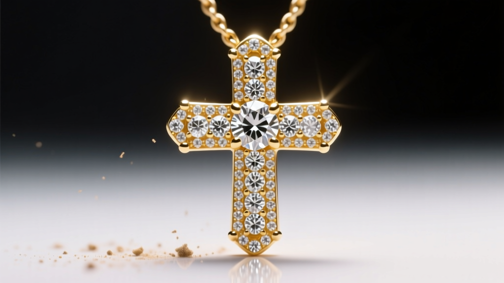 Macro photography of a diamond-encrusted gold cross pendant showing trapped dirt in the pave settings under bright studio lighting