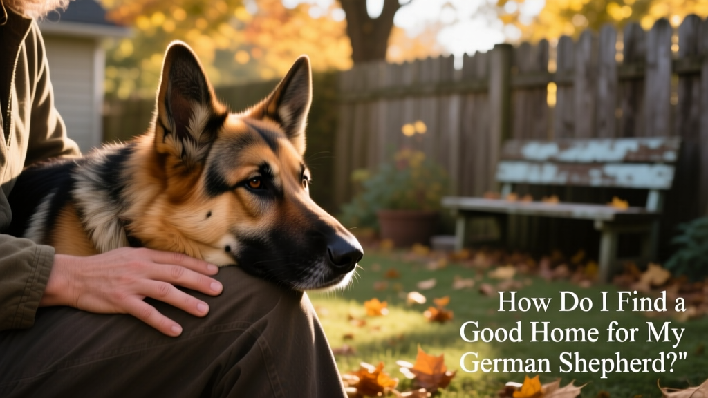 German Shepherd gently resting head on owner's knee during a quiet, emotional farewell moment in a backyard