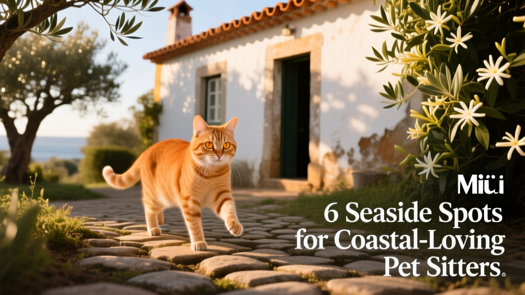A ginger cat, Miû, pausing mid-step in a sun-dappled garden near a rustic Portuguese cottage
