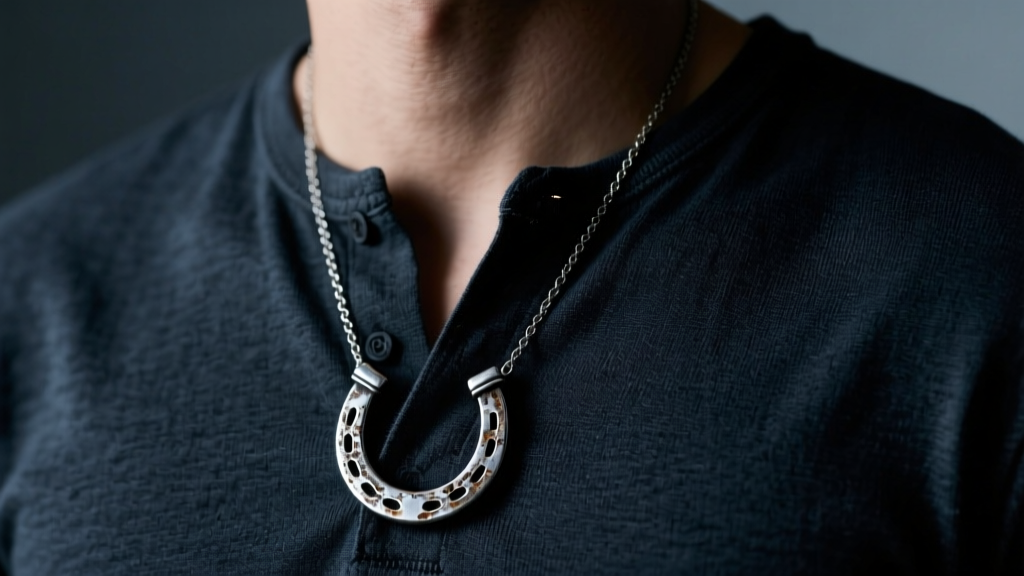 Oxidized 925 silver mens horseshoe necklace on a dark henley shirt, shot under moody studio lighting.