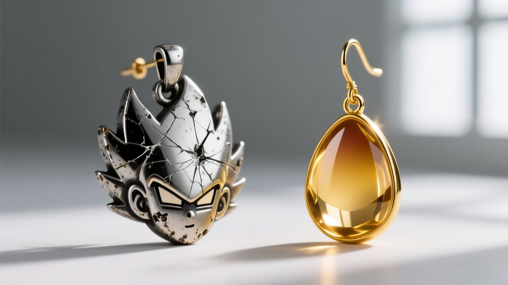 Macro comparison of scratched zinc alloy anime jewelry beside pristine kiln-fired vitreous enamel Super Saiyan gold drop earring.