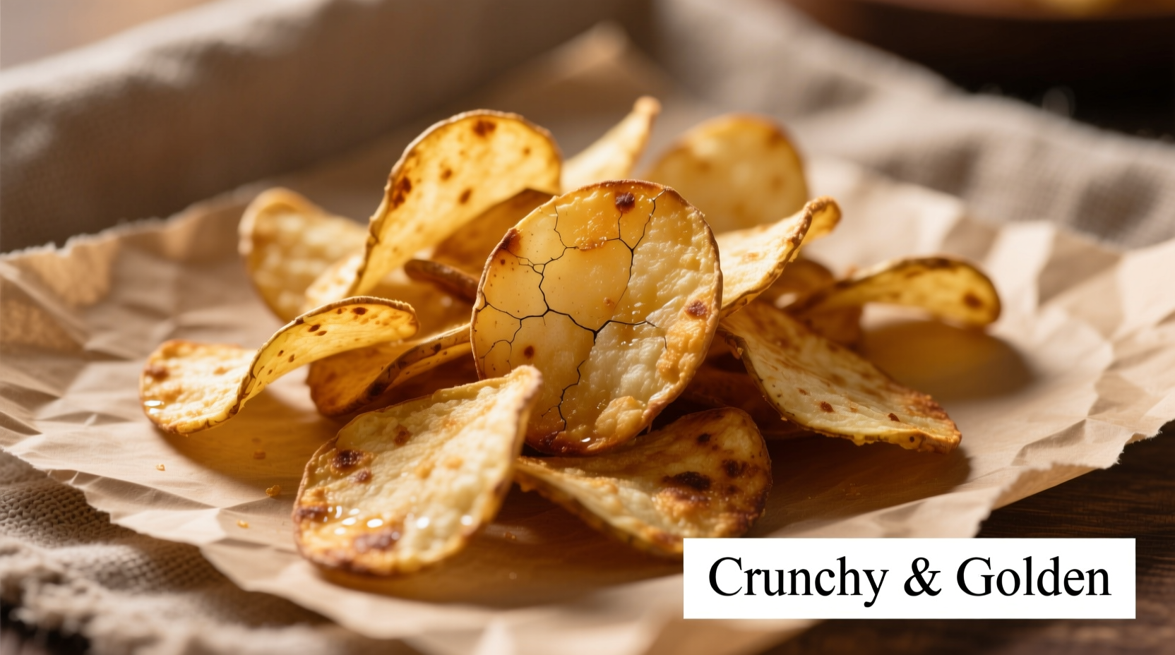 Golden brown oven-baked potato crisps on parchment paper