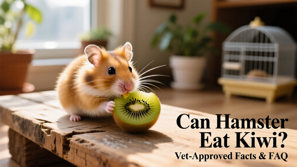 A golden hamster nibbling a small slice of kiwi fruit on a wooden platform