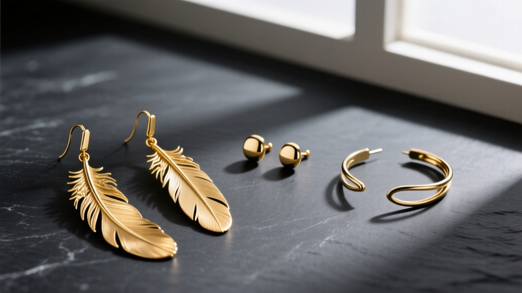 Flat lay of gold feather earring silhouettes on dark slate, showing long dangles, short studs, and delicate cartilage ear cuffs.