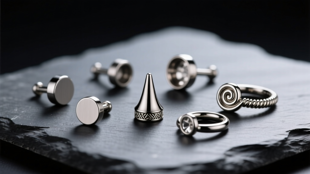 Macro shot of implant-grade titanium nose jewelry types including flat-back labrets and corkscrews resting on dark slate.