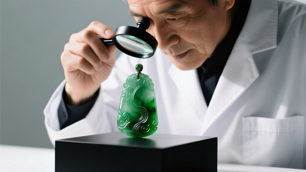 Gemologist examining a carved jade pendant with a 10x loupe and Chelsea filter, focusing on surface texture and dye concentrations