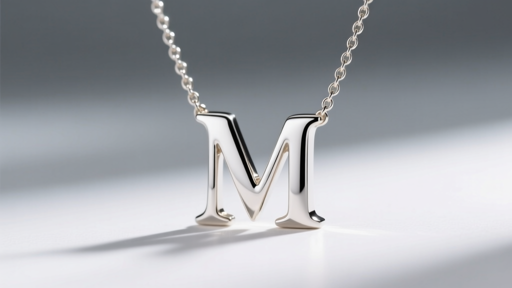 Close-up of a polished 18k white gold letter necklace featuring a modern serif M pendant on a delicate 14-inch cable chain.