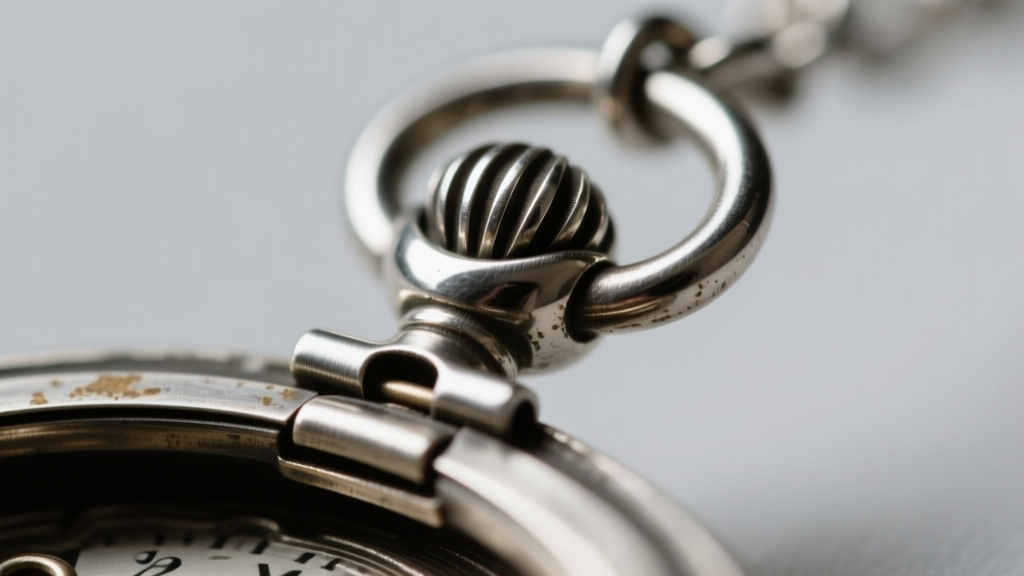 Macro shot of a silver locket hinge mechanism, highlighting the steel pin and interlocking knuckles on a vintage heart pendant.