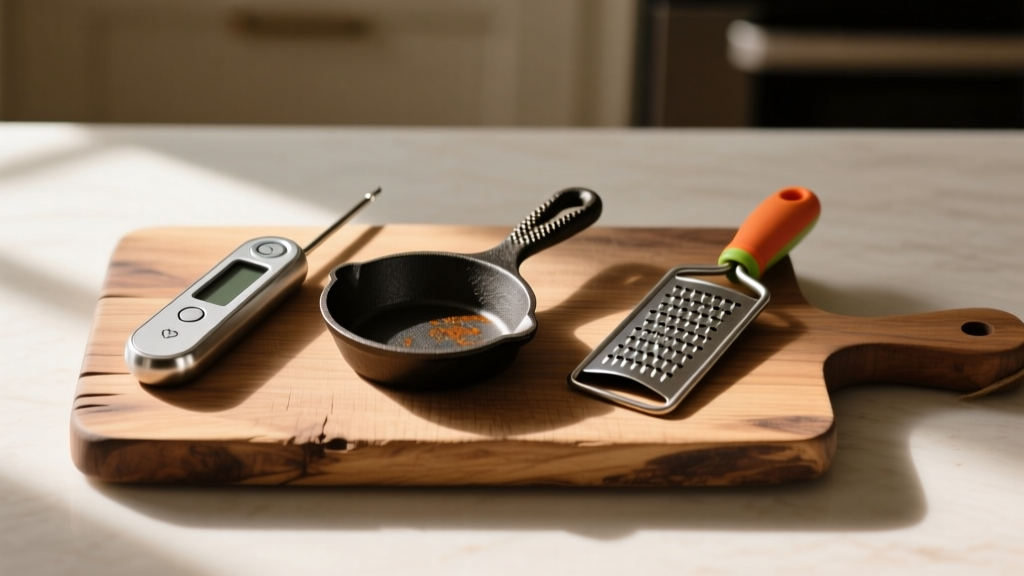 A rustic wooden cutting board displaying a budget-friendly lineup of new cooking gadgets including an instant-read thermometer, cast iron press, and zester.