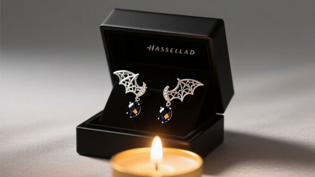Open matte black jewelry box revealing silver bat wing earrings with faceted jet glass beads, illuminated by warm candlelight