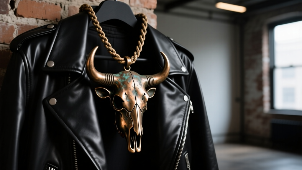 Heavy cast bronze bull skull pendant on a thick rope chain, worn over a black leather jacket in a dimly lit, atmospheric setting.