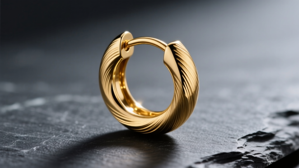 Macro photography of a 16-gauge gold vermeil huggie earring with a brushed finish, resting on dark slate to show texture contrast