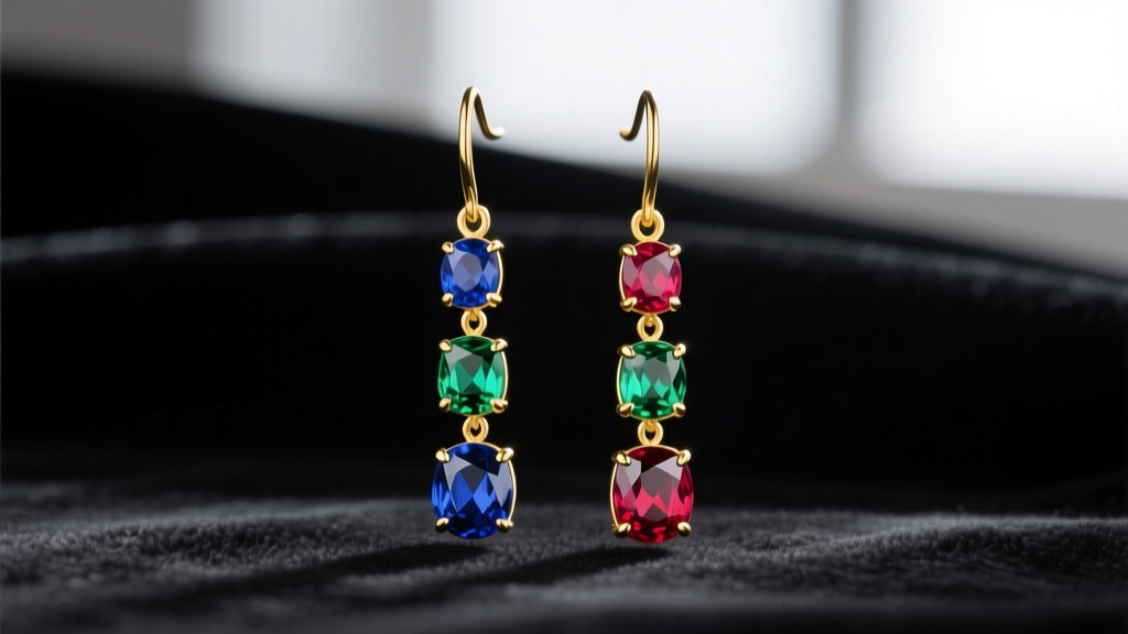 Close-up of 18k yellow gold multi gem drop earrings with sapphires, emeralds, and rubies in prong settings against dark velvet