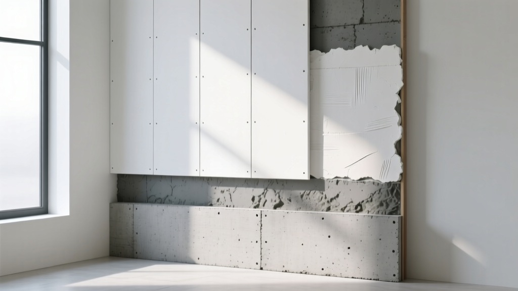 Wall framing showing white gypsum board panels installed alongside traditional wet plaster and gray cement board layers.