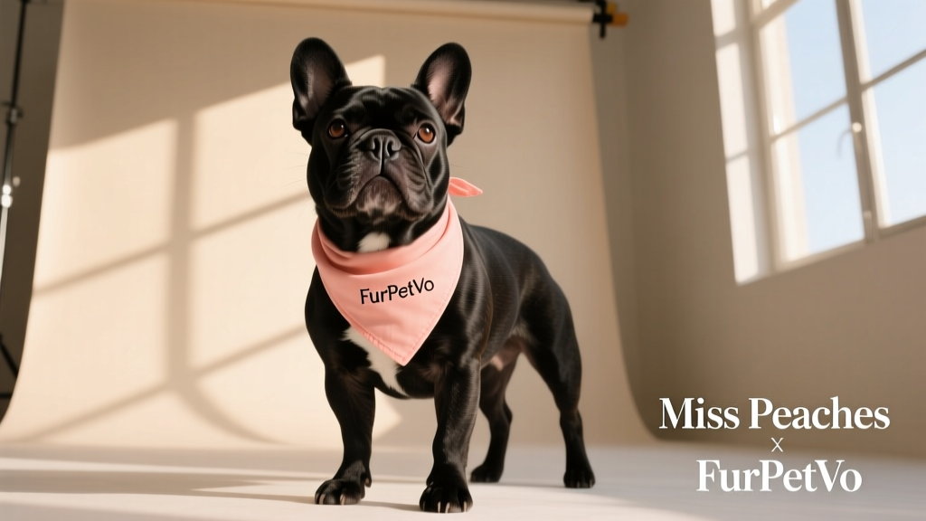 Miss Peaches posing calmly during a studio photo shoot, wearing a lightweight FurPetVo bandana