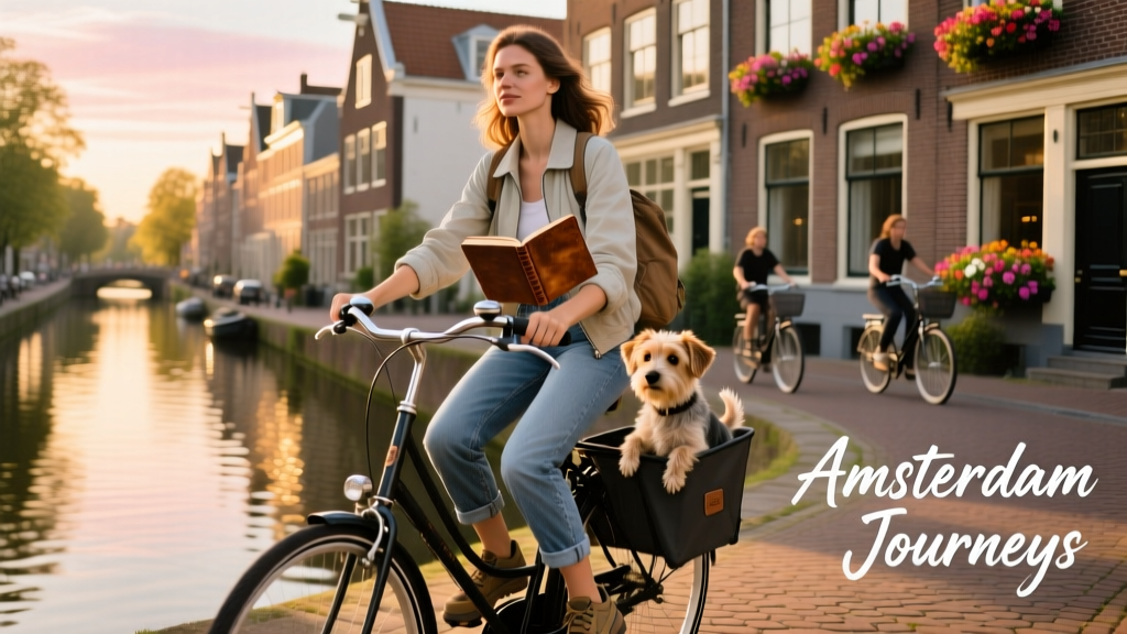 A solo woman cycling confidently along an Amsterdam canal path