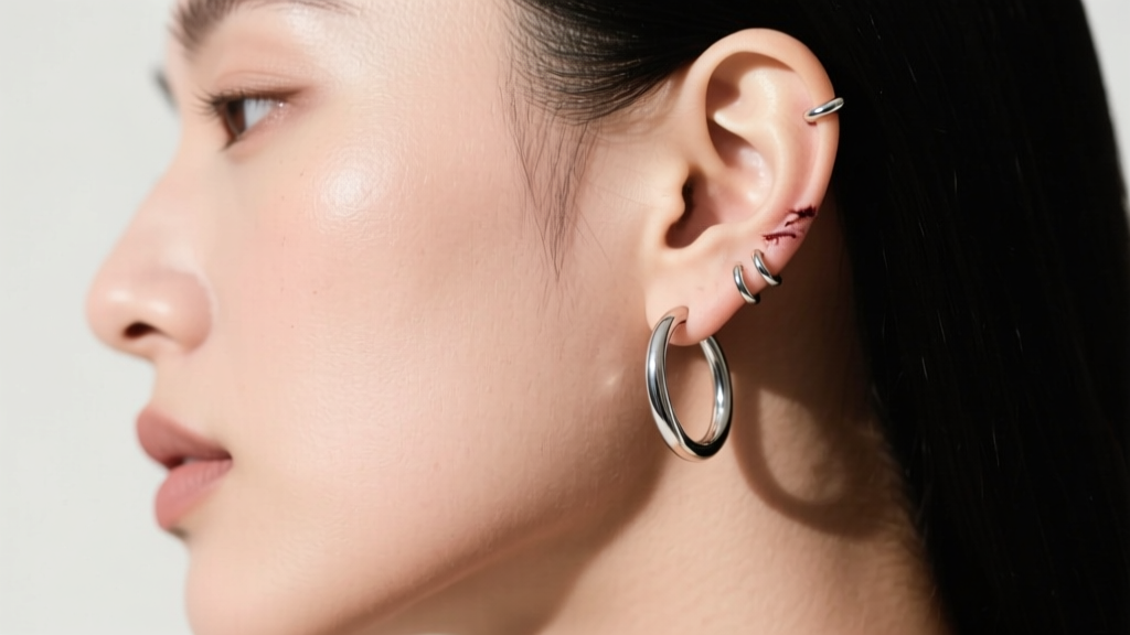 Side profile of a model wearing 16-gauge sterling silver infinity hoops, showing the scale and metal drape on a healed earlobe.