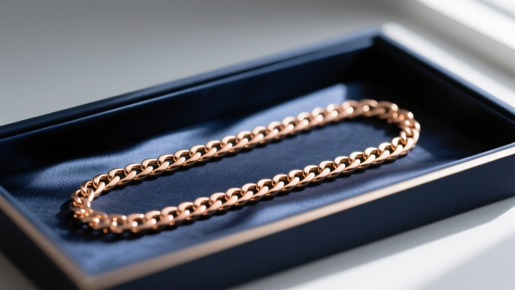 14k rose gold herringbone chain laid perfectly flat in a silk-lined jewelry tray, demonstrating proper kink-free storage methods.