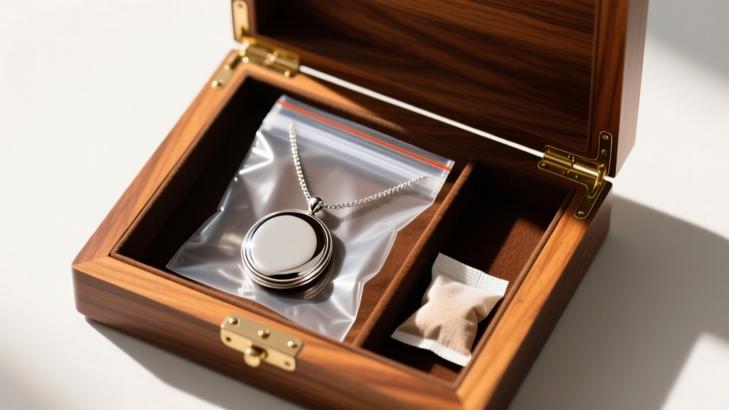 Open anti-tarnish ziplock bag holding a polished silver locket necklace, placed inside a cedar-lined jewelry box with silica gel.