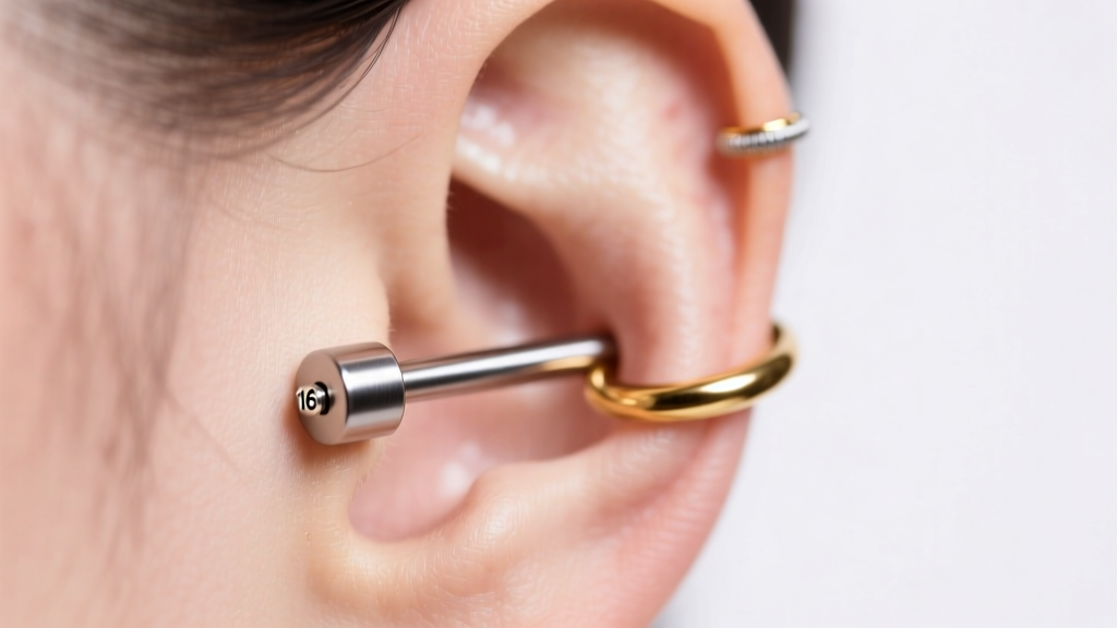 Healing curated ear featuring 16-gauge titanium flat back labrets and a delicate gold helix hoop, captured in soft studio lighting