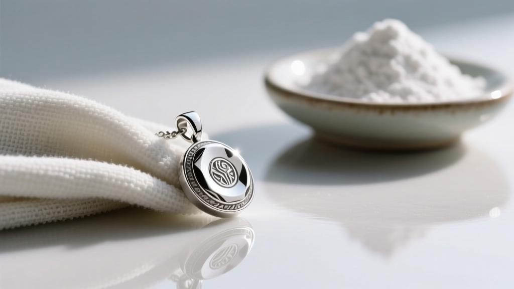 Microfiber cloth wiping a clean sterling silver pendant, with a small dish of baking soda visible in the softly blurred background
