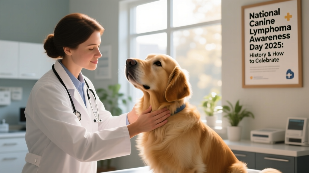 A supportive veterinarian gently examining a dog’s lymph node during a routine checkup