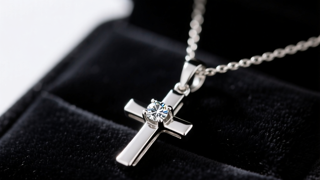 Macro photography of a tiny platinum miniature cross pendant with a bezel-set diamond on a 0.9mm cable chain, on dark velvet