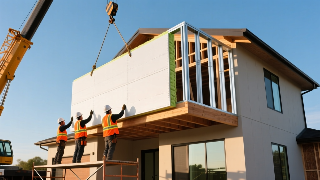 Construction crew guiding a large structural insulated panel via crane onto a second-story light gauge steel wall frame of a modern home