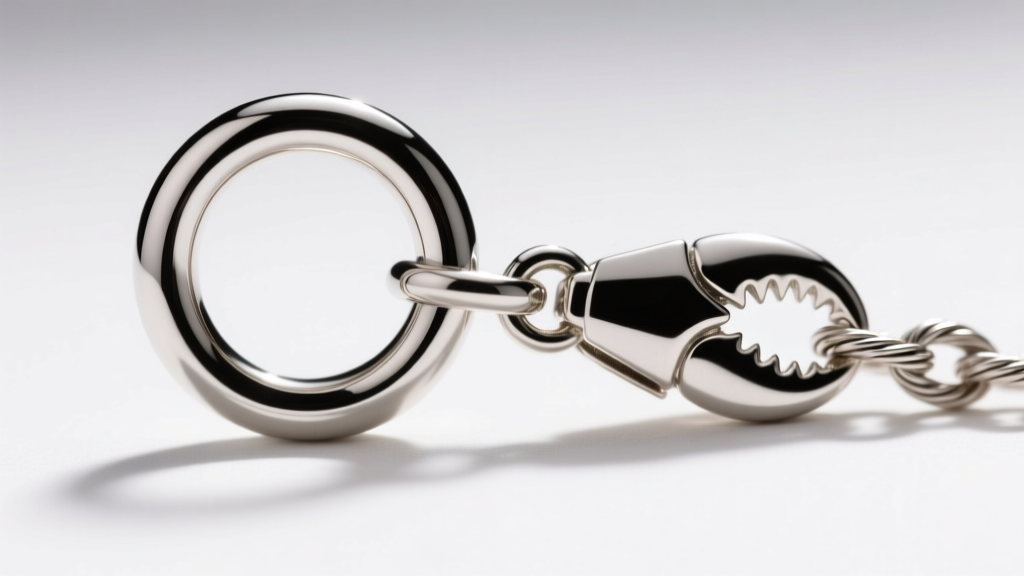 Macro shot of a silver jump ring and lobster clasp on a cable chain, demonstrating secure jewelry assembly and metal polishing.