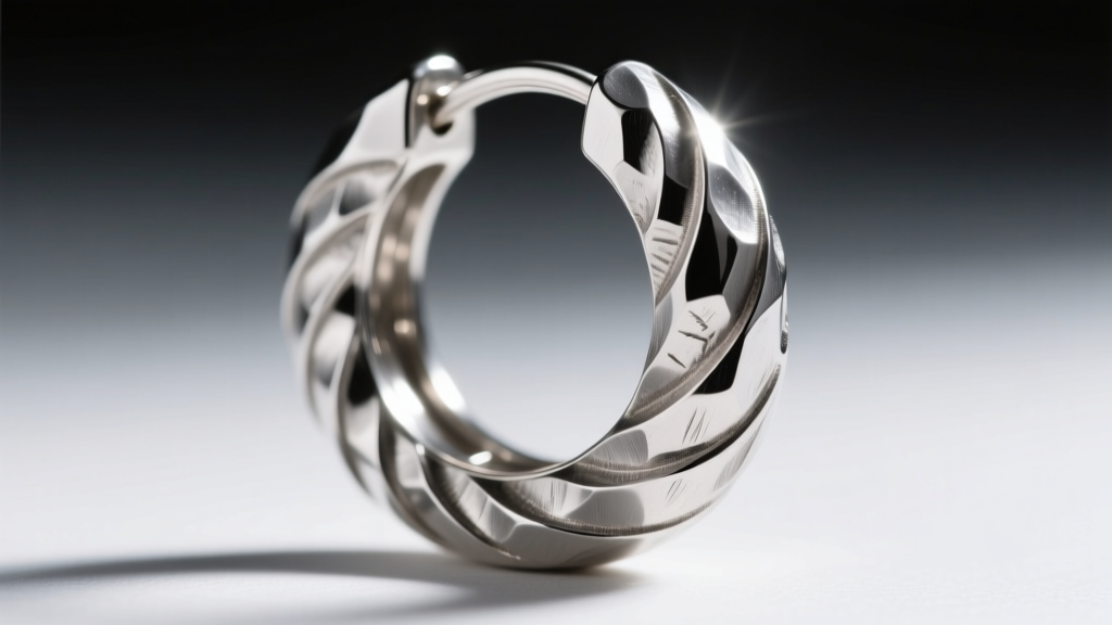 Extreme macro close-up of a hammered silver hoop earring showing overlapping planishing marks and light catching textured ridges