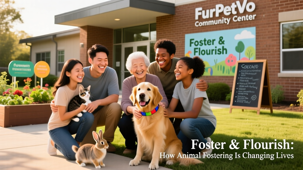 A diverse group of smiling foster families posing with their pets outside a FurPetVo community center