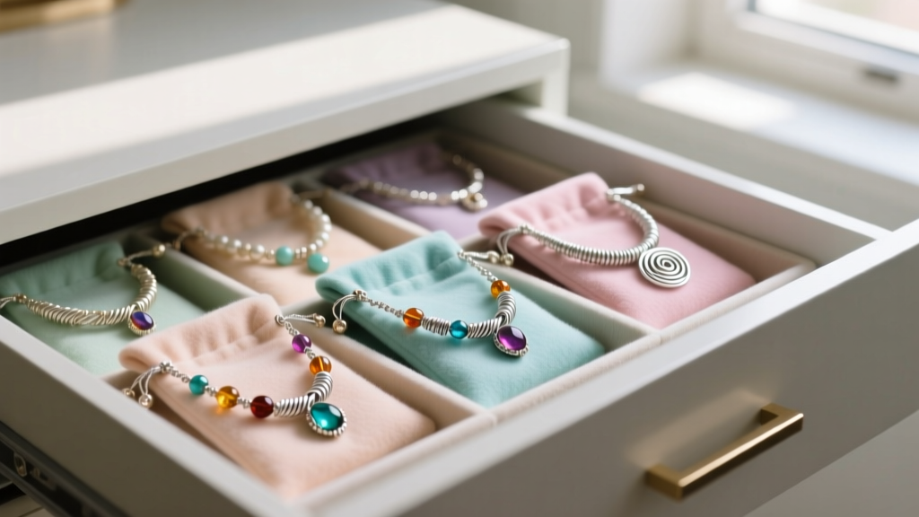 Organized jewelry drawer showing individual anti-tarnish flannel pouches storing various wire-wrapped bead necklaces safely inside