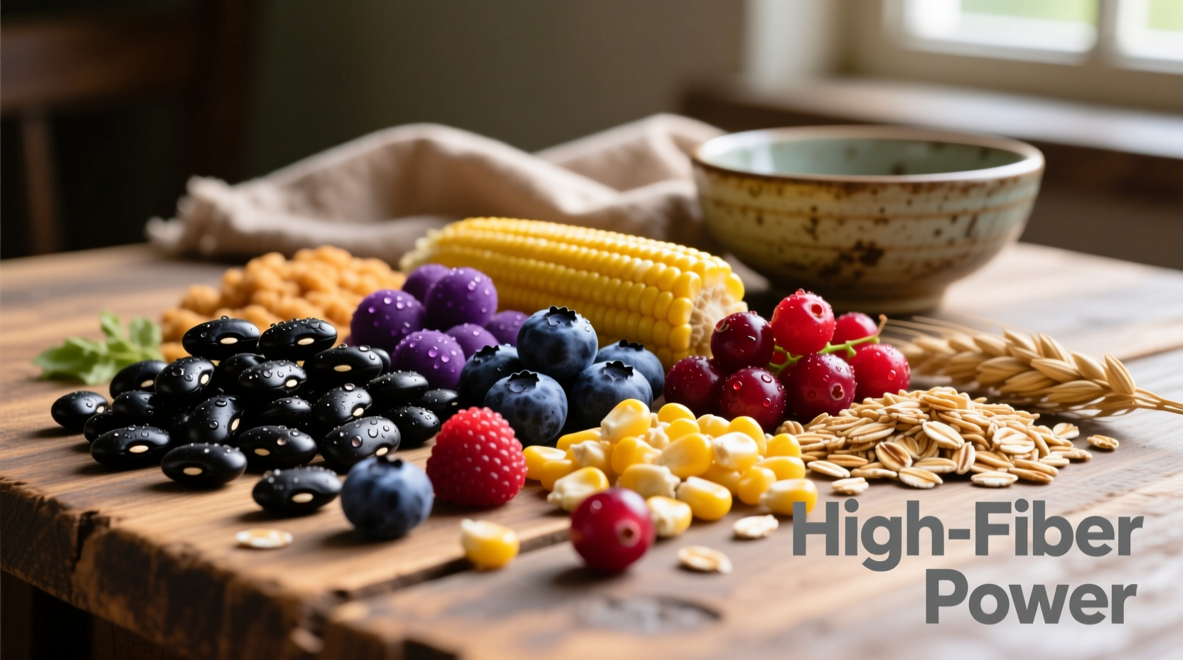 Colorful array of high-fiber foods including beans, berries, and whole grains