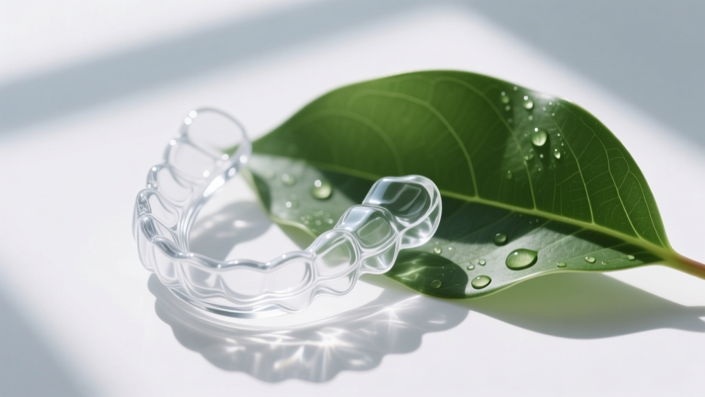 Clear glass nose retainer beside a green leaf, showing its smooth, highly translucent and hypoallergenic material properties.