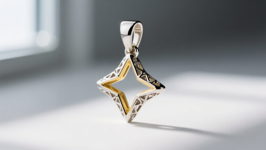 Close-up of a 14k white gold four-prong pendant setting with rhodium plating wearing off the edges, revealing pale yellow alloy.