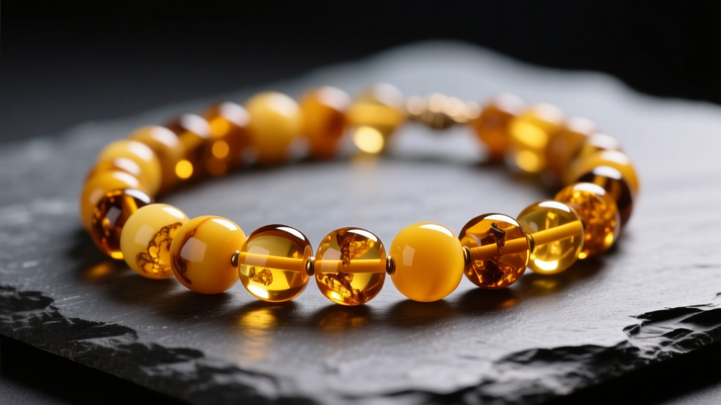 Vintage Baltic amber bead necklace with honey-yellow inclusions resting on dark slate under warm, soft directional studio lighting