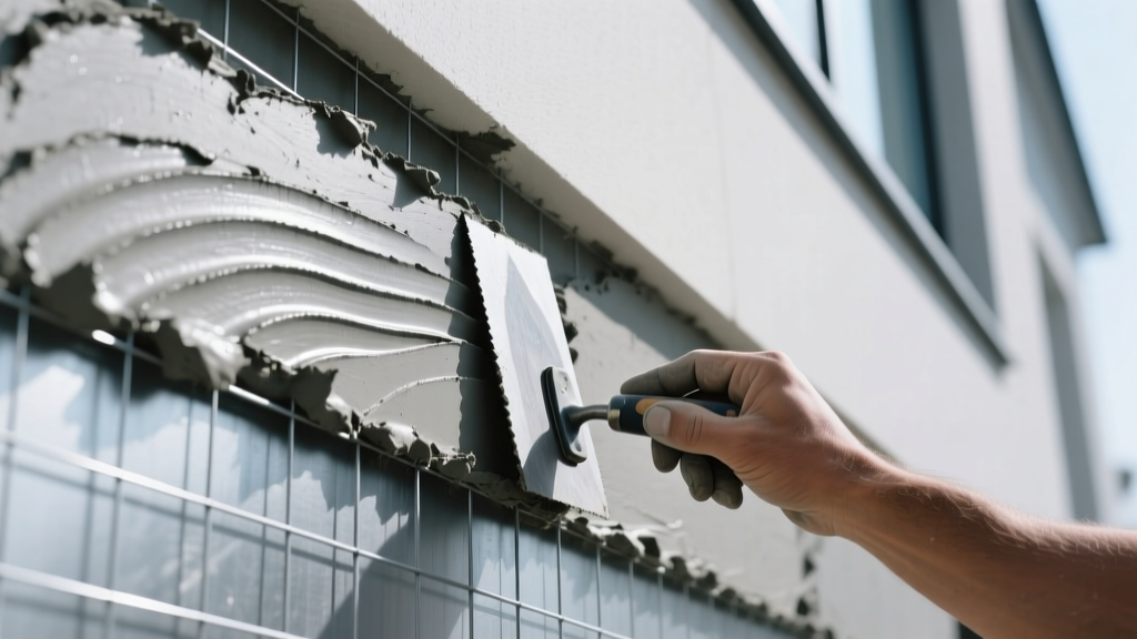 Close-up of a mason troweling gray polymer-modified veneer stone mortar onto a metal lath covered exterior wall framing