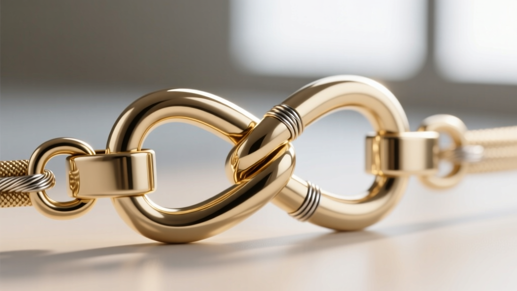 Extreme close-up of a figure-eight safety catch on a 14k white gold box clasp, showing the soldered hinge joints and wire tension.