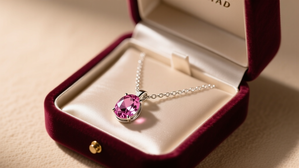 Elegant velvet box revealing a delicate 925 sterling silver necklace with a glowing oval morganite pendant, soft romantic lighting