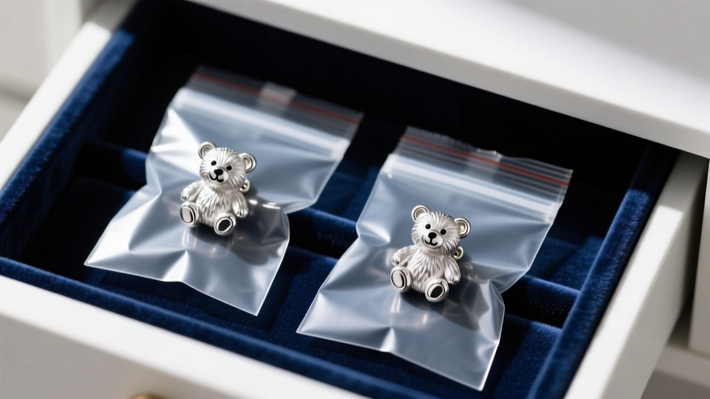 Sterling silver teddy bear stud earrings stored in individual anti-tarnish ziplock bags inside a velvet-lined jewelry box drawer.