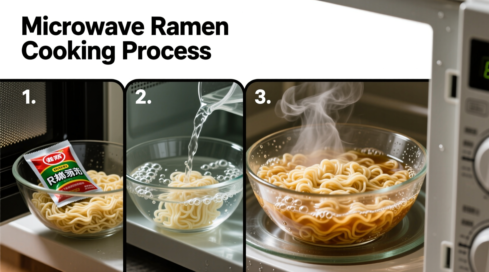 Microwave ramen cooking process timeline in glass bowl