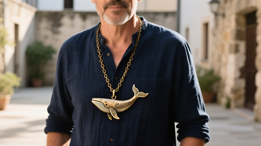 Man wearing a weathered brass chain with a vintage scrimshaw whale tail pendant over a dark navy linen shirt in natural sunlight.