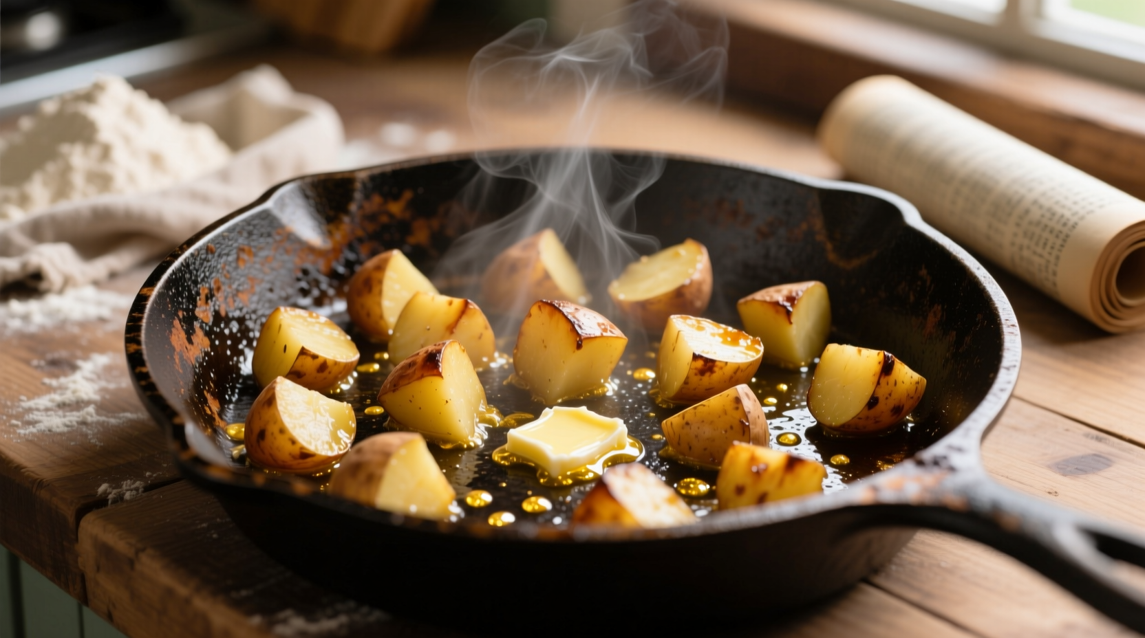 Golden brown potato cubes sizzling in cast iron skillet