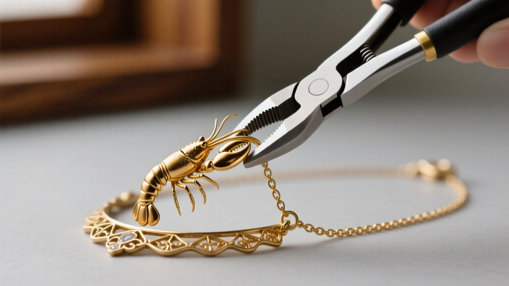 Jewelry pliers holding a gold-tone lobster claw clasp being attached to a delicate chain link on a vintage fashion necklace piece.