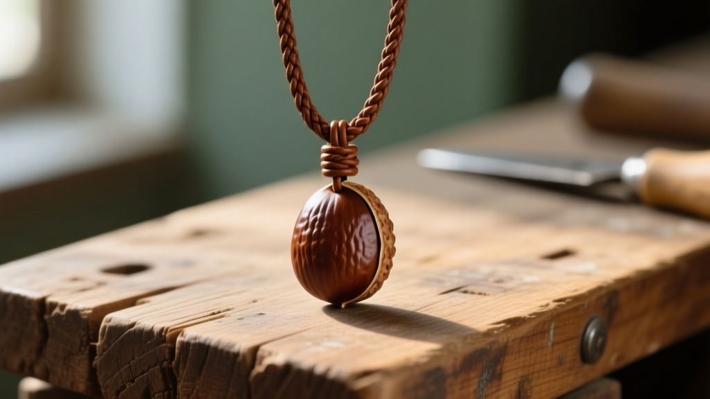 Strung buckeye nut pendant on a braided brown leather cord resting on a rustic wooden workbench illuminated by soft natural light