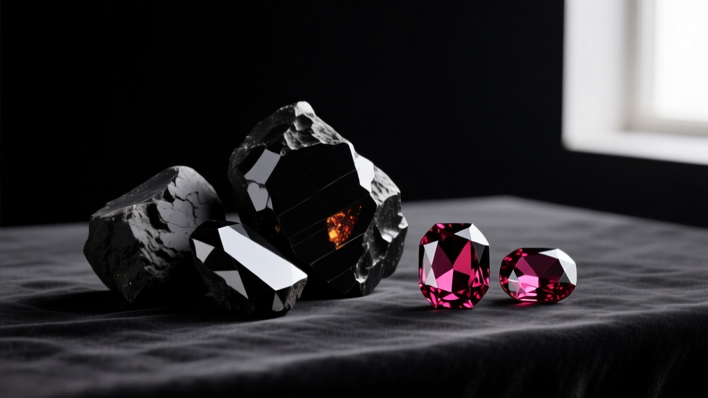 Raw black obsidian stones beside polished pyrope garnet cabochons on dark velvet, showing a sharp contrast in surface reflection