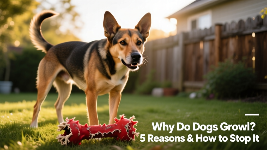 A dog standing protectively over a chew toy, ears forward and lips slightly curled, showing mild possessive body language